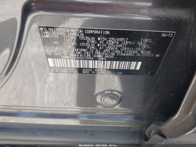 2013 Toyota Rav4 Xle მანქანა იყიდება აუქციონზე, vin: JTMWFREV4D5010993, აუქციონის ნომერი: 45026193