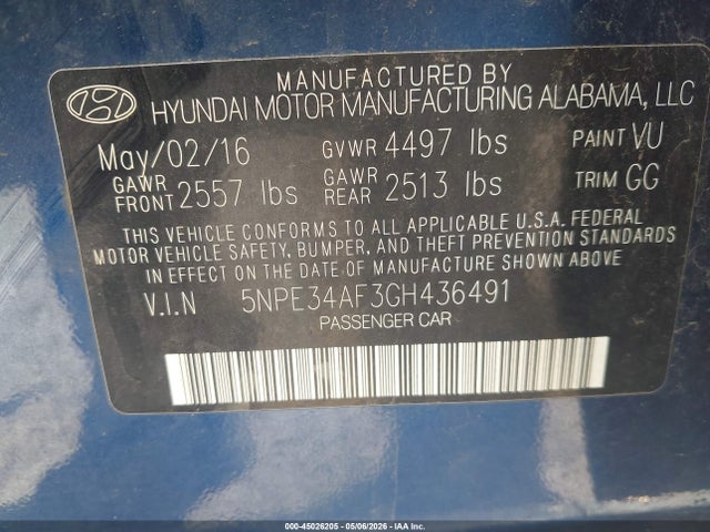 2016 Hyundai Sonata Sport მანქანა იყიდება აუქციონზე, vin: 5NPE34AF3GH436491, აუქციონის ნომერი: 45026205