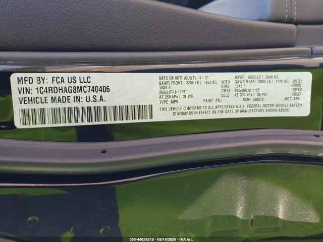 Продажа на аукционе авто 2021 Dodge Durango Sxt Rwd, vin: 1C4RDHAG8MC740406, номер лота: 45026218