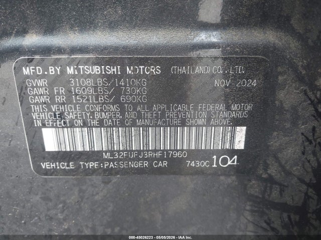 Продажа на аукционе авто 2024 Mitsubishi Mirage G4 Le, vin: ML32FUFJ3RHF17960, номер лота: 45026223