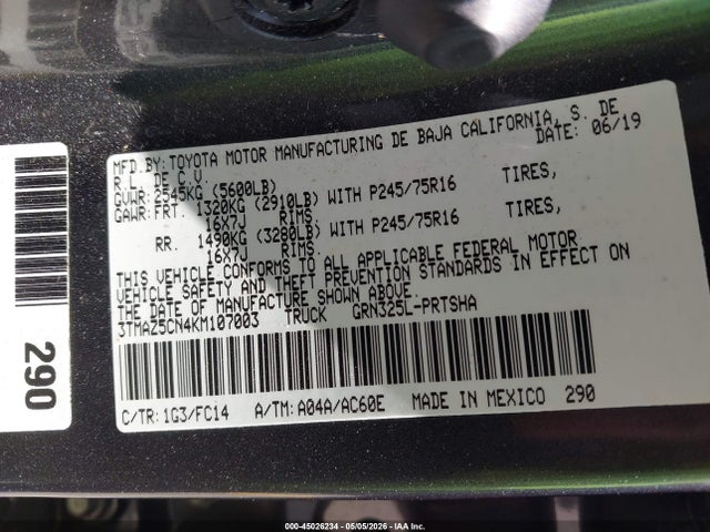 45026234 :رقم المزاد ، 3TMAZ5CN4KM107003 vin ، 2019 Toyota Tacoma Sr5 V6 مزاد بيع