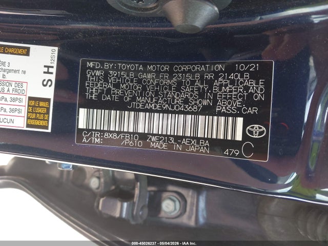 Aukcja sprzedaży 2022 Toyota Corolla Hybrid Le, vin: JTDEAMDE9NJ043687, numer aukcji: 45026237