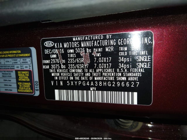 5XYPG4A38HG296627 KIA Sorento 2.4l Lx