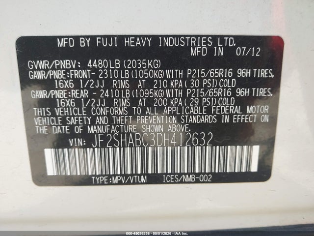 Aukcja sprzedaży 2013 Subaru Forester 2.5x, vin: JF2SHABC3DH412632, numer aukcji: 45026256