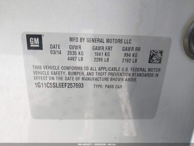 Продаж на аукціоні авто 2014 Chevrolet Malibu 1lt, vin: 1G11C5SL6EF257693, номер лоту: 45026271