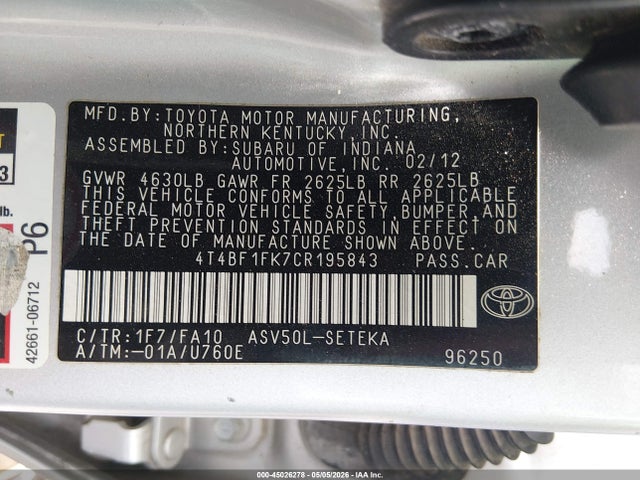 Продажа на аукционе авто 2012 Toyota Camry L, vin: 4T4BF1FK7CR195843, номер лота: 45026278
