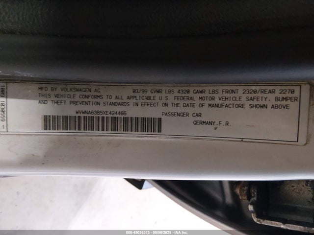 45026283 :رقم المزاد ، WVWNA63B5XE424466 vin ، 1999 Volkswagen Passat Gls مزاد بيع