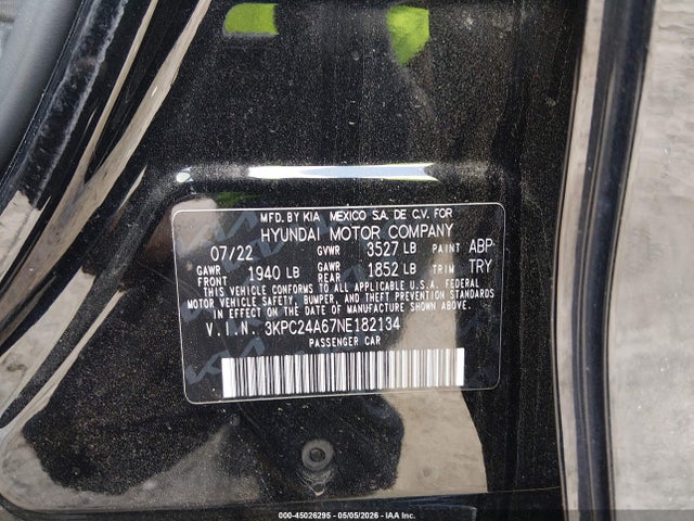 2022 Hyundai Accent Se მანქანა იყიდება აუქციონზე, vin: 3KPC24A67NE182134, აუქციონის ნომერი: 45026295