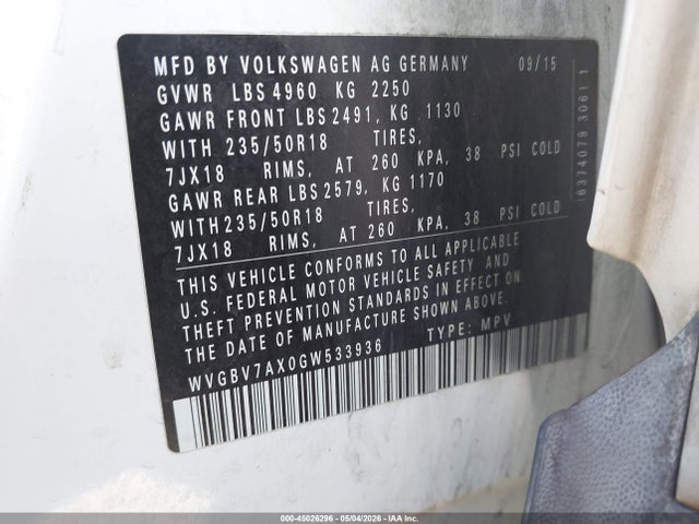 45026296 :رقم المزاد ، WVGBV7AX0GW533936 vin ، 2016 Volkswagen Tiguan Se مزاد بيع