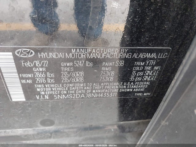 2022 Hyundai Santa Fe Sel მანქანა იყიდება აუქციონზე, vin: 5NMS2DAJ8NH435311, აუქციონის ნომერი: 45026300