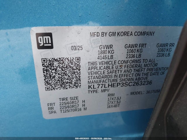 Продаж на аукціоні авто 2025 Chevrolet Trax Fwd Lt, vin: KL77LHEP3SC263236, номер лоту: 45026303