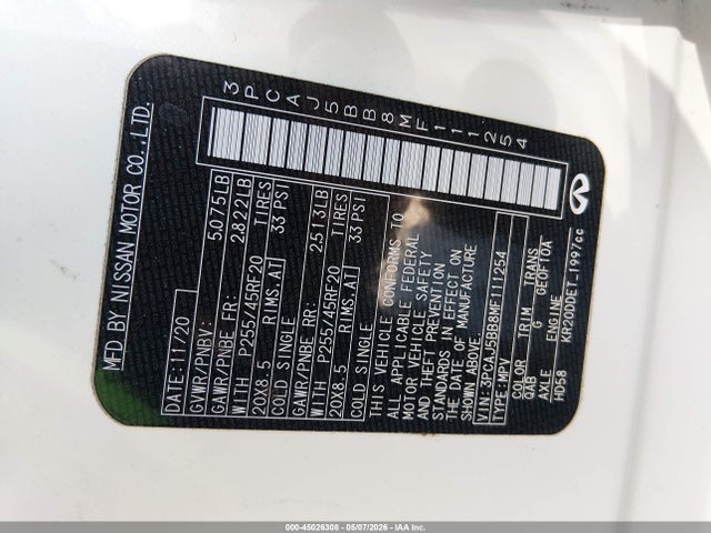 45026308 :رقم المزاد ، 3PCAJ5BB8MF111254 vin ، 2021 Infiniti Qx50 Luxe Awd مزاد بيع