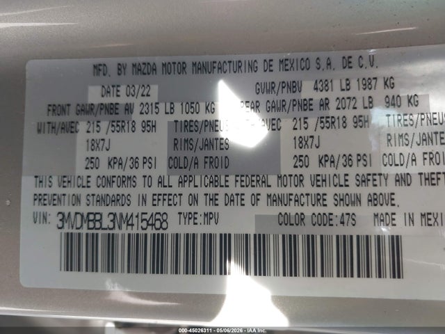 45026311 :رقم المزاد ، 3MVDMBBL3NM415468 vin ، 2022 Mazda Cx-30 Select مزاد بيع