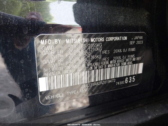 Aukcja sprzedaży 2024 Mitsubishi Outlander Se 2.5 2wd, vin: JA4J3VA82RZ019472, numer aukcji: 45026315