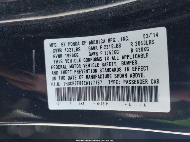 Продаж на аукціоні авто 2014 Honda Accord Ex-l, vin: 1HGCR2F87EA177787, номер лоту: 45026320