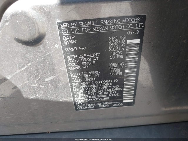 Aukcja sprzedaży 2019 Nissan Rogue Sv, vin: KNMAT2MV7KP559388, numer aukcji: 45026322