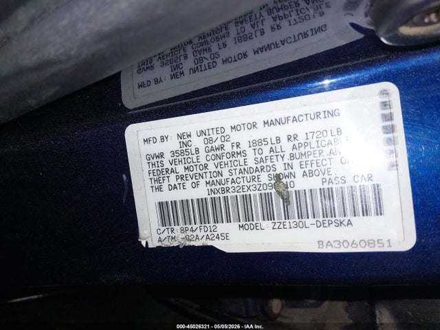 Aukcja sprzedaży 2003 Toyota Corolla S, vin: 1NXBR32EX3Z090310, numer aukcji: 45026321