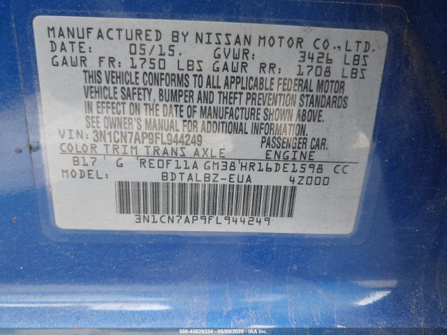 Aukcja sprzedaży 2015 Nissan Versa 1.6 Sv, vin: 3N1CN7AP9FL944249, numer aukcji: 45026324