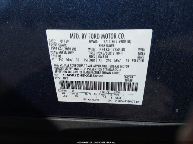 Продажа на аукционе авто 2019 Ford Explorer Xlt, vin: 1FM5K7DH5KGB54122, номер лота: 45026325