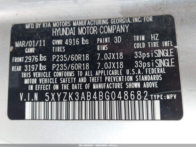 45026327 :رقم المزاد ، 5XYZK3AB4BG048682 vin ، 2011 Hyundai Santa Fe Limited مزاد بيع