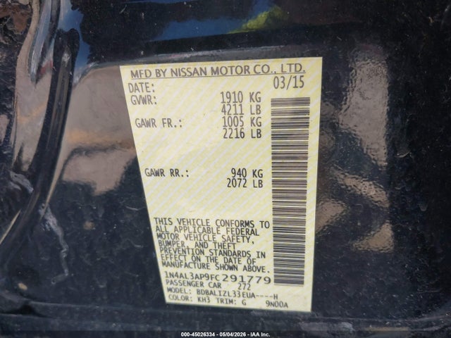 2015 Nissan Altima 2.5 Sv მანქანა იყიდება აუქციონზე, vin: 1N4AL3AP9FC291779, აუქციონის ნომერი: 45026334