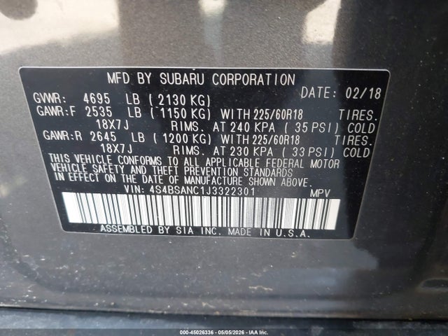 2018 Subaru Outback 2.5i Limited მანქანა იყიდება აუქციონზე, vin: 4S4BSANC1J3322301, აუქციონის ნომერი: 45026336
