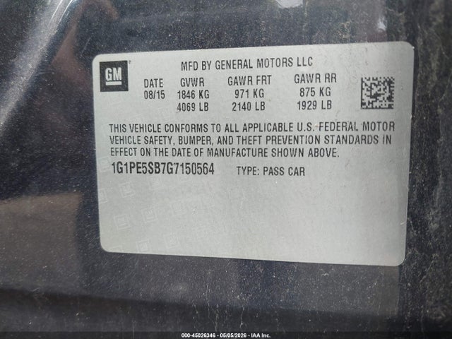 45026346 :رقم المزاد ، 1G1PE5SB7G7150564 vin ، 2016 Chevrolet Cruze Limited 1lt Auto مزاد بيع