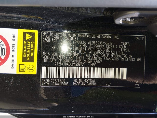Aukcja sprzedaży 2012 Lexus Rx 350, vin: 2T2BK1BA6CC129977, numer aukcji: 45026350