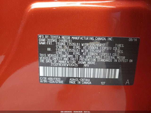 Продаж на аукціоні авто 2015 Toyota Rav4 Le, vin: 2T3ZFREVXFW135425, номер лоту: 45026352