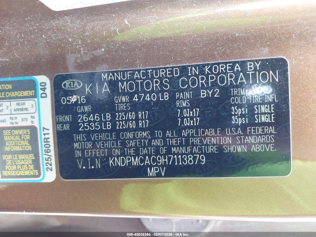 45026364 :رقم المزاد ، KNDPMCAC9H7113879 vin ، 2017 Kia Sportage Lx مزاد بيع