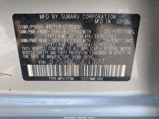 Продаж на аукціоні авто 2025 Subaru Crosstrek Premium, vin: JF2GUHDC7S8247687, номер лоту: 45026365