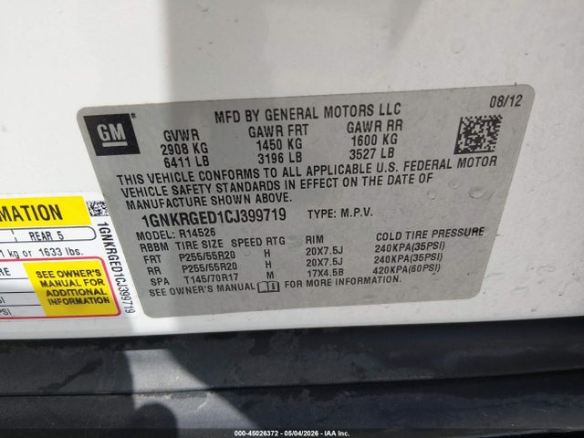 Продаж на аукціоні авто 2012 Chevrolet Traverse 1lt, vin: 1GNKRGED1CJ399719, номер лоту: 45026372
