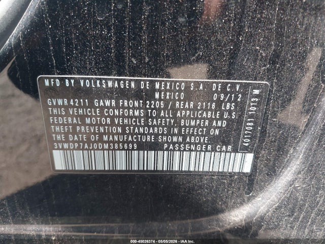 45026374 :رقم المزاد ، 3VWDP7AJ0DM385699 vin ، 2013 Volkswagen Jetta 2.5l Se مزاد بيع