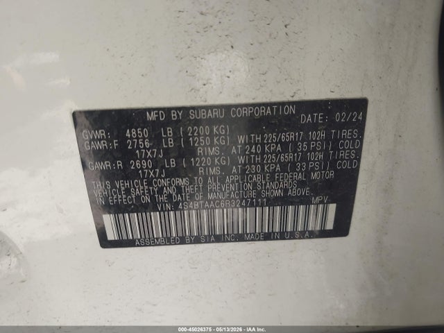 Aukcja sprzedaży 2024 Subaru Outback, vin: 4S4BTAAC6R3247111, numer aukcji: 45026375