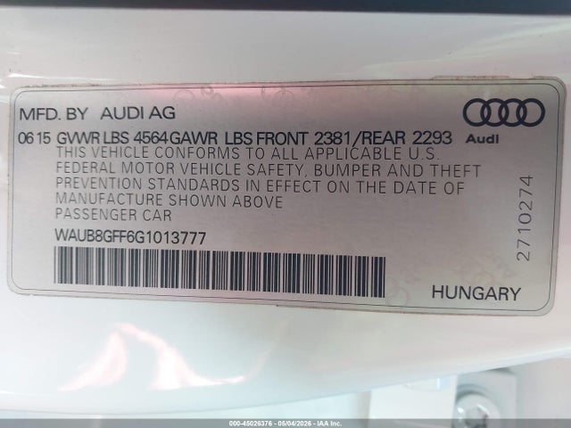 Aukcja sprzedaży 2016 Audi A3 2.0t Premium, vin: WAUB8GFF6G1013777, numer aukcji: 45026376