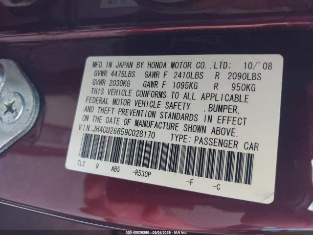 Продажа на аукционе авто 2009 Acura Tsx, vin: JH4CU26659C028170, номер лота: 45026380