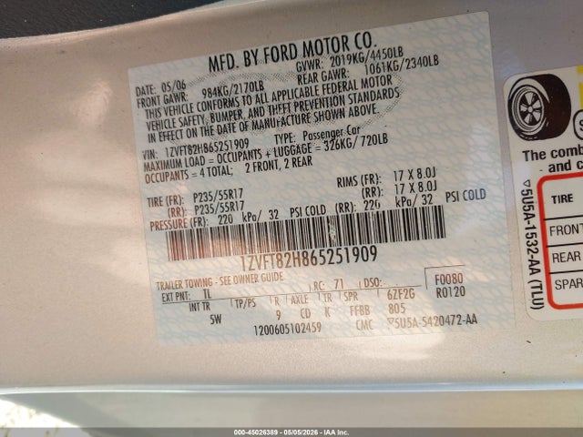 Auction sale of the 2006 Ford Mustang Gt, vin: 1ZVFT82H865251909, lot number: 45026389