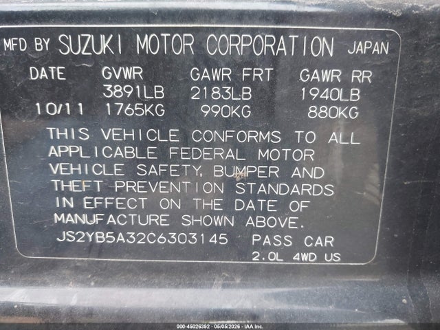 2012 Suzuki Sx4 Premium/tech Valu Pkg (nav) მანქანა იყიდება აუქციონზე, vin: JS2YB5A32C6303145, აუქციონის ნომერი: 45026392