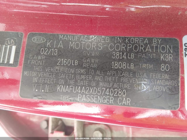 45026399 :رقم المزاد ، KNAFU4A2XD5740280 vin ، 2013 Kia Forte Ex مزاد بيع
