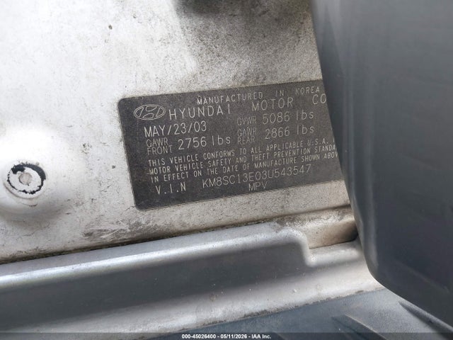 Aukcja sprzedaży 2003 Hyundai Santa Fe Gls/lx, vin: KM8SC13E03U543547, numer aukcji: 45026400