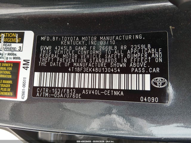Aukcja sprzedaży 2011 Toyota Camry Le, vin: 4T1BF3EK4BU130454, numer aukcji: 45026408