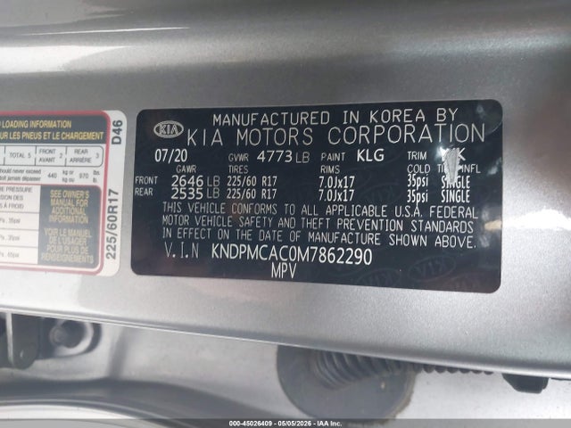 45026409 :رقم المزاد ، KNDPMCAC0M7862290 vin ، 2021 Kia Sportage Lx مزاد بيع