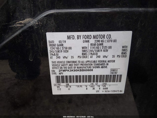 45026434 :رقم المزاد ، 2FMPK3K90KBB60608 vin ، 2019 Ford Edge Titanium مزاد بيع