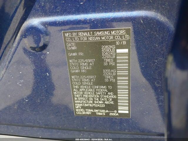 45026443 :رقم المزاد ، KNMAT2MT9LP524223 vin ، 2020 Nissan Rogue Sv Fwd مزاد بيع