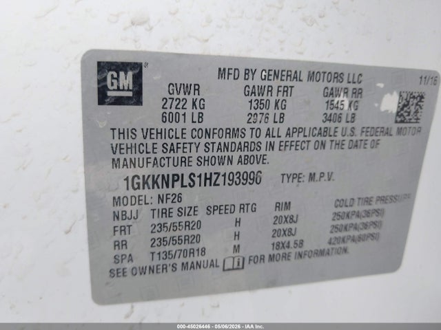 Продажа на аукционе авто 2017 Gmc Acadia Denali, vin: 1GKKNPLS1HZ193996, номер лота: 45026446