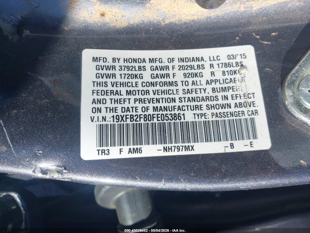 Продаж на аукціоні авто 2015 Honda Civic Ex, vin: 19XFB2F80FE053861, номер лоту: 45026452