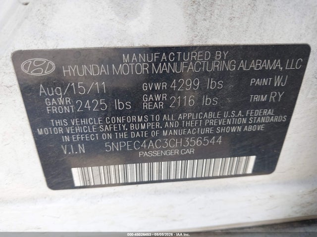 Aukcja sprzedaży 2012 Hyundai Sonata Limited, vin: 5NPEC4AC3CH356544, numer aukcji: 45026453