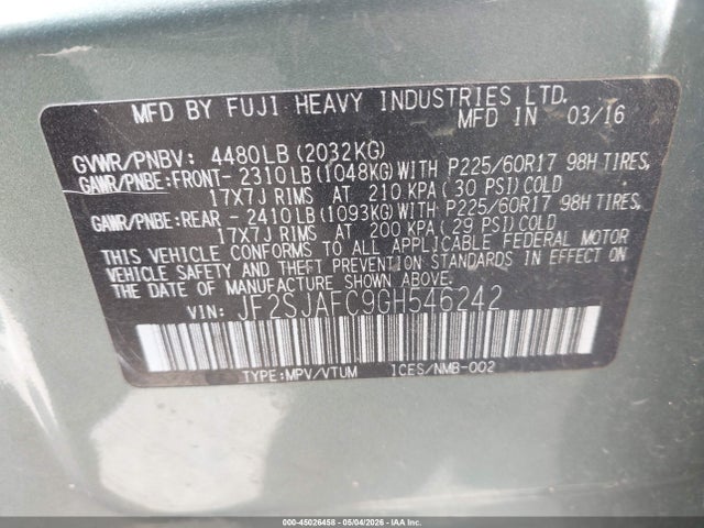 2016 Subaru Forester 2.5i Premium მანქანა იყიდება აუქციონზე, vin: JF2SJAFC9GH546242, აუქციონის ნომერი: 45026458