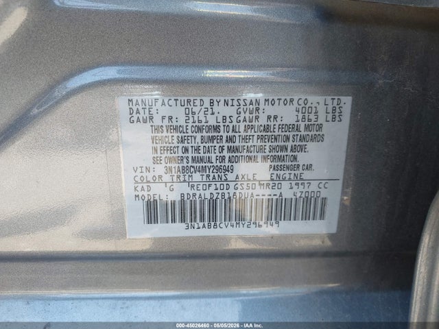 45026460 :رقم المزاد ، 3N1AB8CV4MY296949 vin ، 2021 Nissan Sentra Sv Xtronic Cvt مزاد بيع