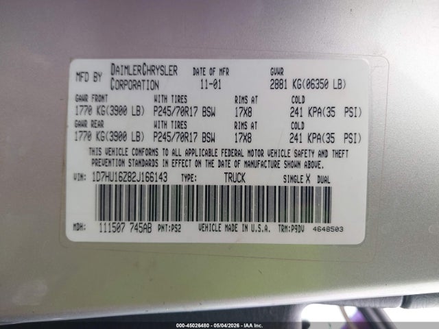 Продаж на аукціоні авто 2002 Dodge Ram 1500 St, vin: 1D7HU16Z82J166143, номер лоту: 45026480